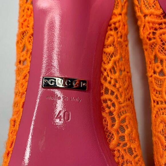 Gucci Virginia Lace Pumps Neon Orange EU 40 US 10 Mary Jane Lace Heels - Picture 10 of 11